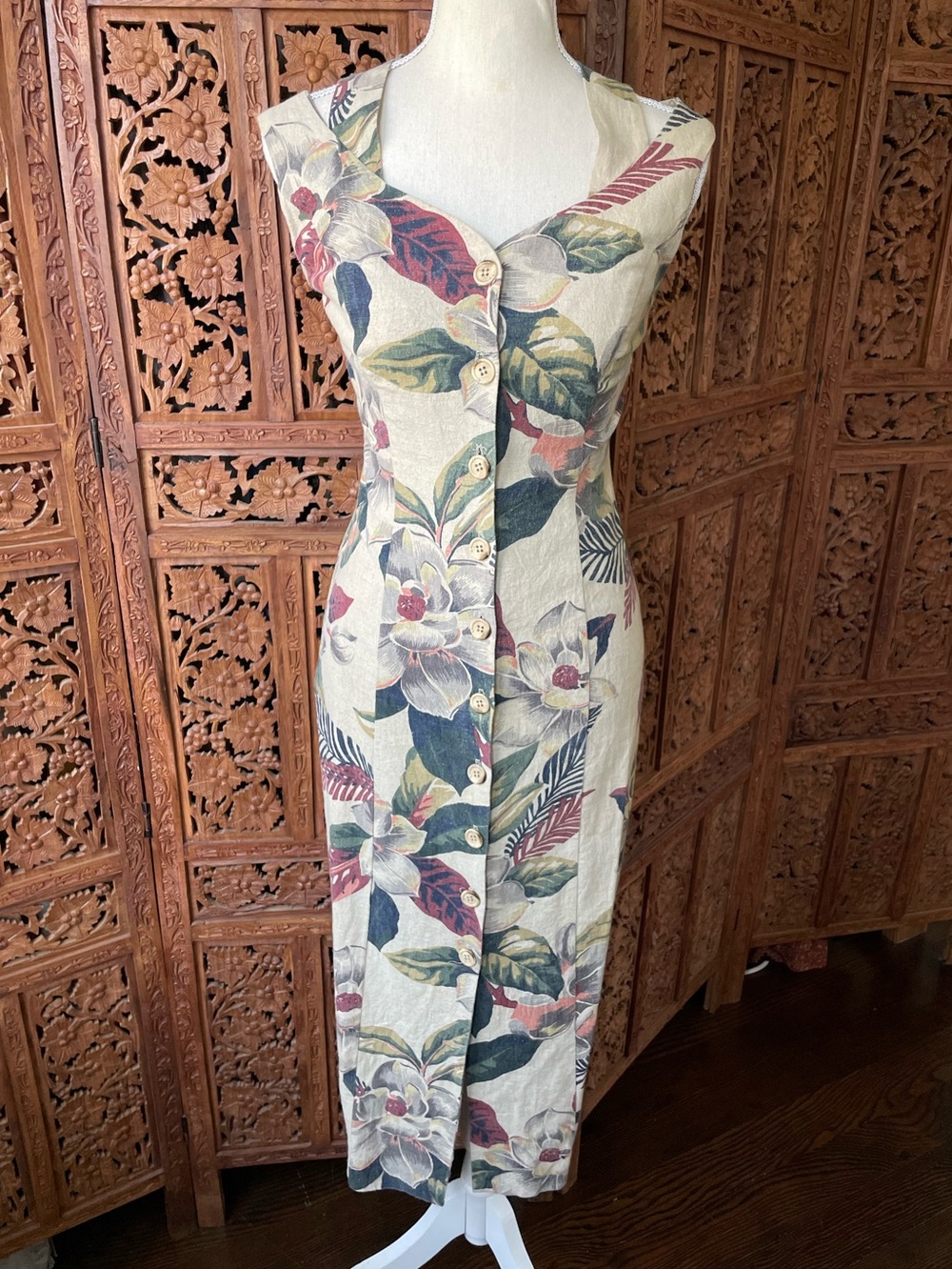 VINTAGE Tropical Cotton Linen Floral Button-Front Midi Pin Up pencil Dress XS
